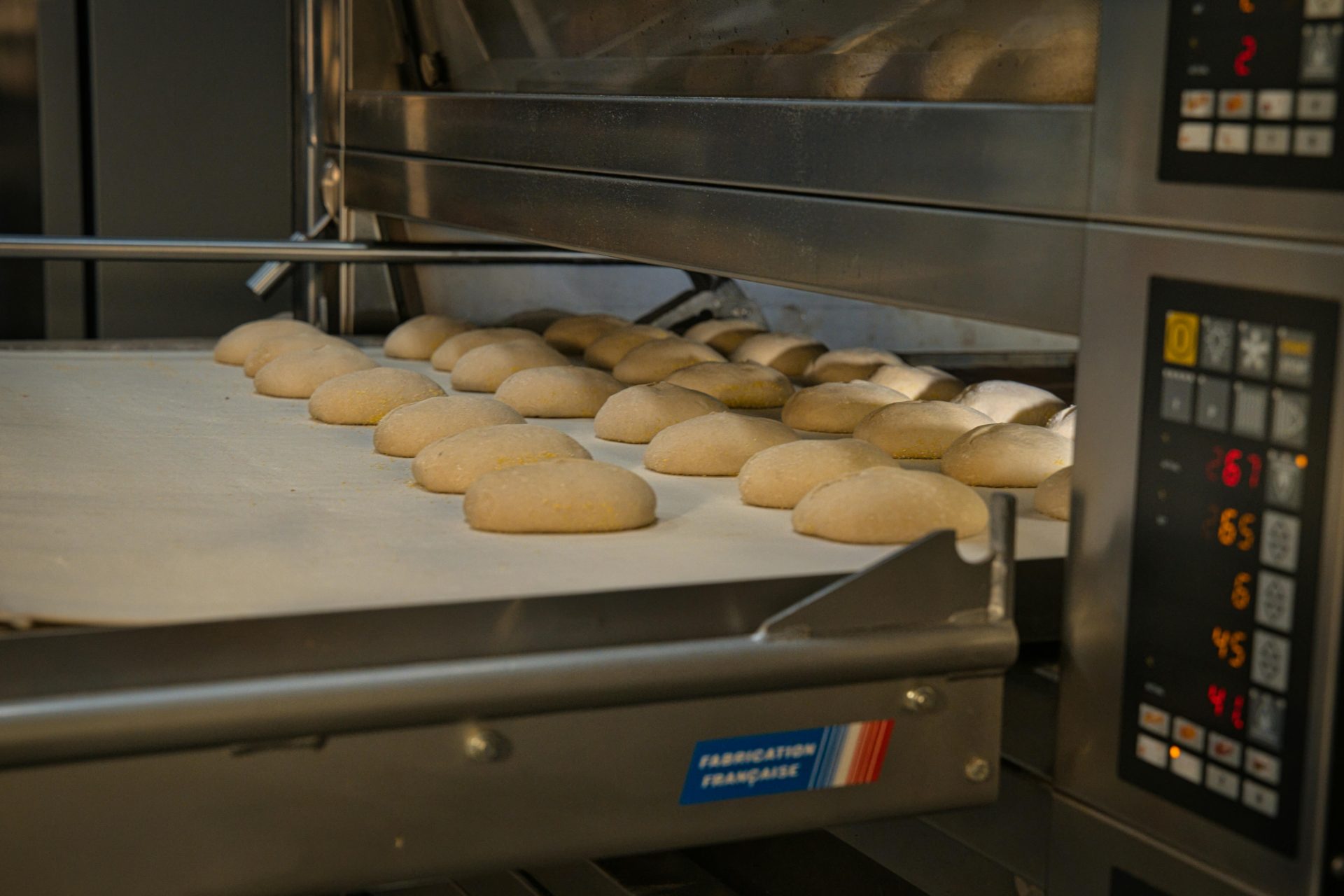 Artisan bread baking in an industrial oven at a bakery in Berlin, Germany. Fresh and delicious.